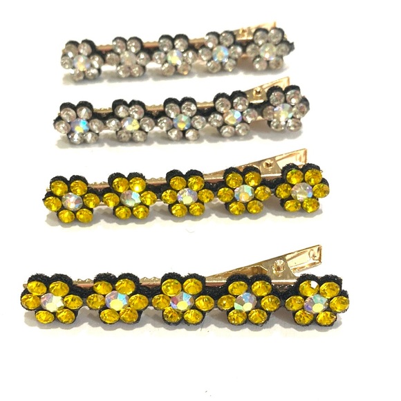Hair Clips Clear And Yellow Rhinestone Flowers Gold Tone Set Of 4 - Picture 2 of 4